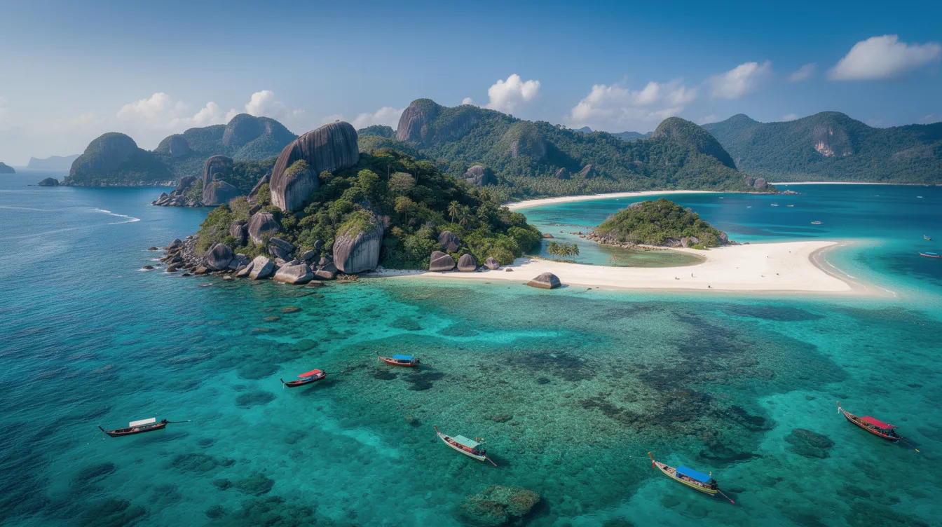 A imagem retrata as Ilhas Similan, um destino paradisíaco na Tailândia, conhecido por suas praias de areia branca e águas cristalinas. A vida marinha abundante e os recifes de corais atraem turistas em busca de mergulho e turismo de natureza.