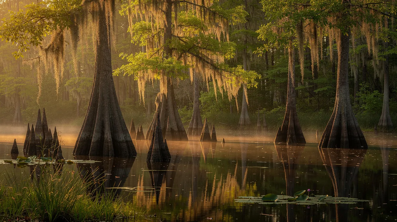The image depicts a serene Louisiana bayou landscape featuring towering cypress trees reflected in the calm water, creating a tranquil atmosphere. This scenic view highlights the natural beauty of the region, often associated with the unique challenges faced by individuals dealing with conditions like rheumatoid arthritis and the process of applying for social security disability benefits.