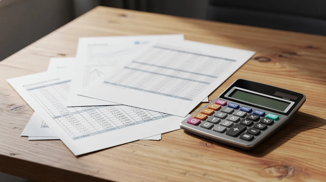The image depicts financial documents, including a cash flow statement and income statements, alongside a calculator on a wooden desk, suggesting a review of a hotel’s financial performance and projections. This setup indicates a focus on analyzing operating costs, room revenue, and overall financial health for effective decision-making in the hospitality industry.