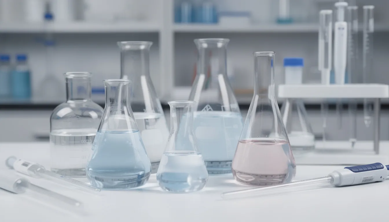 Das Bild zeigt eine wissenschaftliche Laborumgebung mit verschiedenen Glaskolben und Pipetten, die sorgfältig angeordnet sind. Im Hintergrund sind weitere Laboreinrichtungen zu sehen, die auf die Analyse von chemischen Verbindungen, wie Cannabinoiden und neuen psychoaktiven Stoffen, hinweisen.