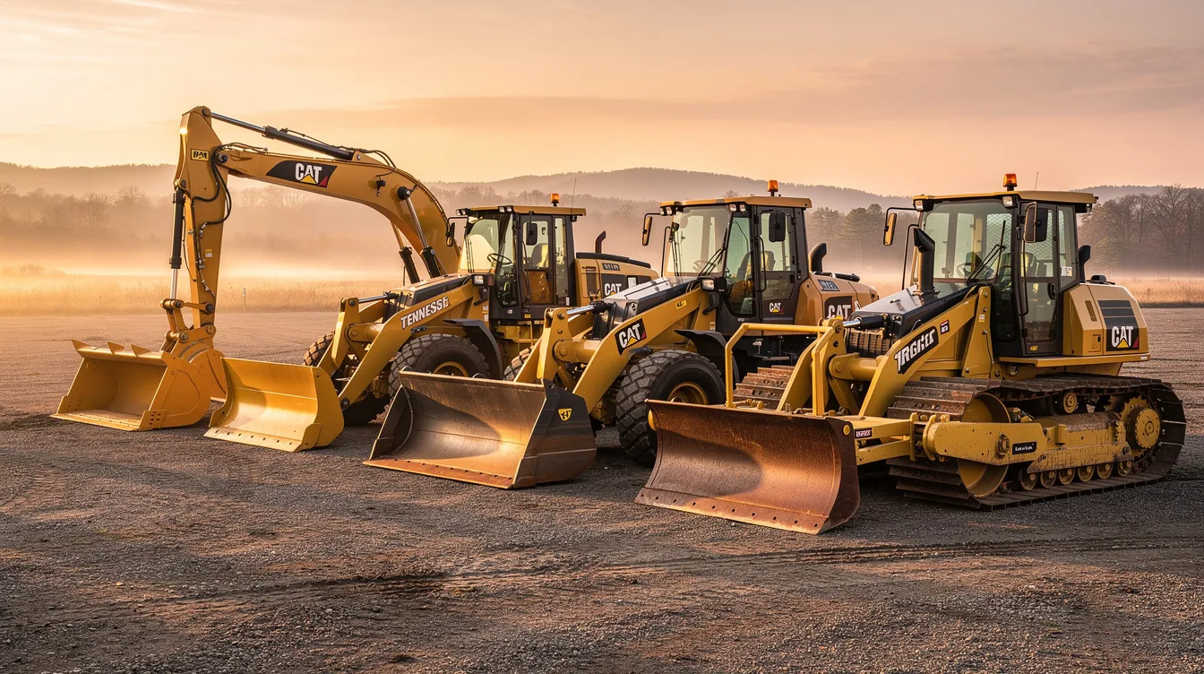 A row of well-maintained construction vehicles is parked at a Tennessee equipment yard, bathed in the warm glow of sunrise. The scene highlights the importance of asset management and maintenance scheduling in construction operations, ensuring worker safety and operational efficiency on job sites.