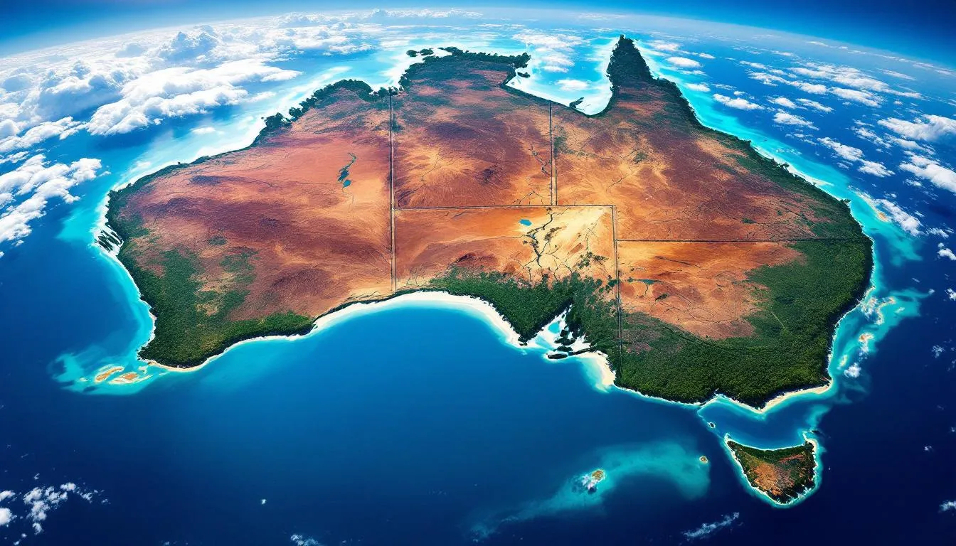 An aerial view of Australia showcases its diverse regions, with varying landscapes including deserts, forests, and coastlines, emphasizing the country's unique geography. This visual representation can be linked to discussions around sustainability reporting and climate-related risks in the context of Australian sustainability reporting standards.