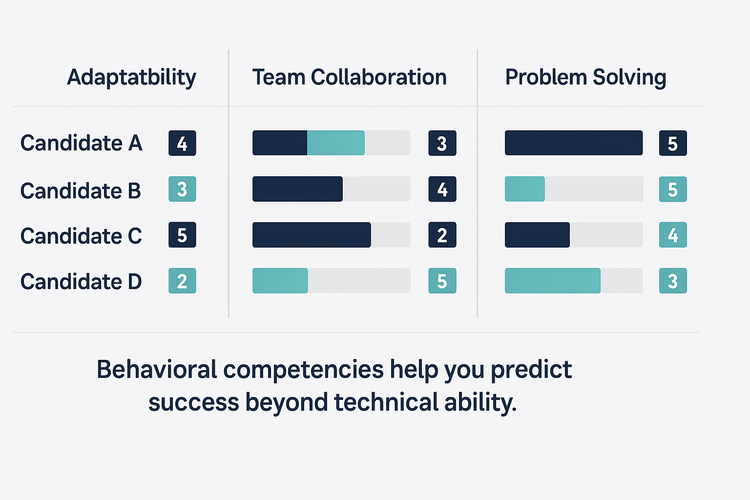 A competency matrix comparing four candidates across three behavioral traits: Adaptability, Team Collaboration, and Problem Solving. Each candidate is scored on a scale of 1 to 5, with horizontal bars in teal and navy representing performance levels. The matrix visually highlights variation in behavioral competencies. A caption below reads: “Behavioral competencies help you predict success beyond technical ability.”