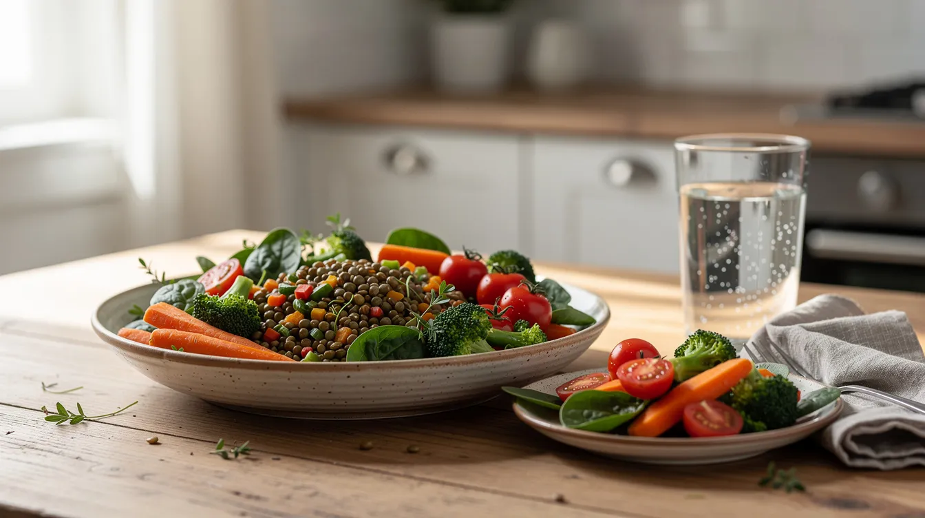 A healthy meal is displayed on a kitchen table, featuring a colorful array of fresh vegetables and lentils, accompanied by a glass of water, all bathed in soft daylight. This nutritious setup serves as a reminder of the importance of diet in promoting hair growth and maintaining overall hair health.