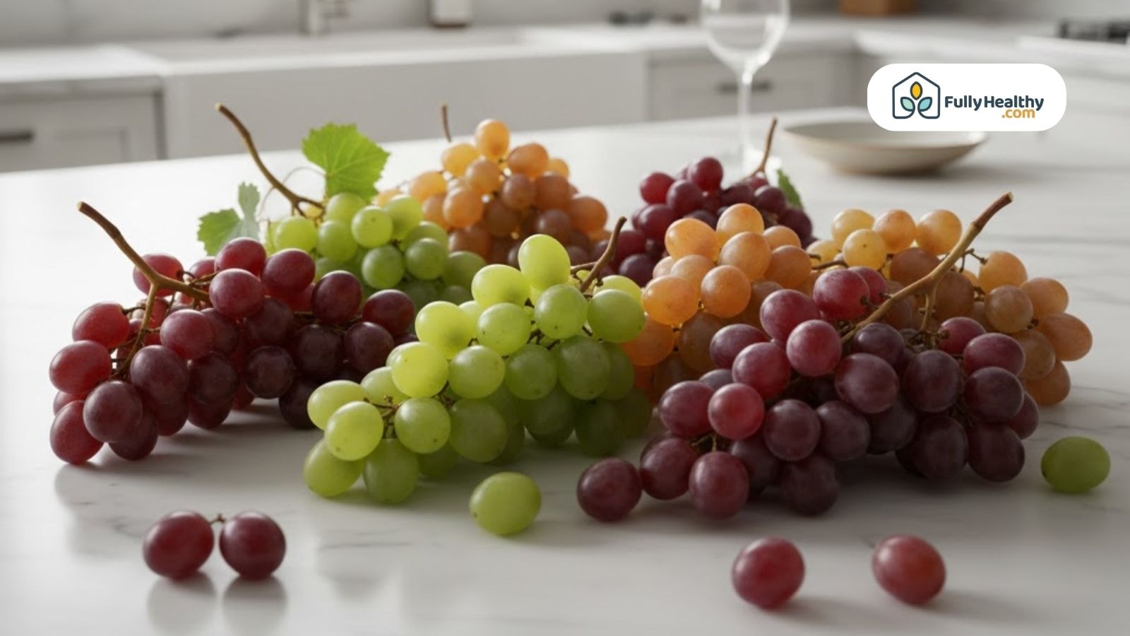 Assorted grape color varieties on a kitchen counter.