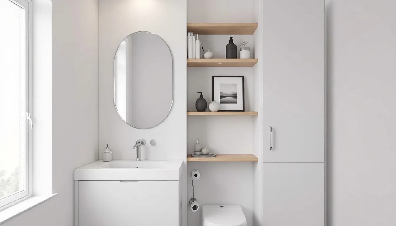 A small bathroom utilizing vertical space with shelves and decorations.