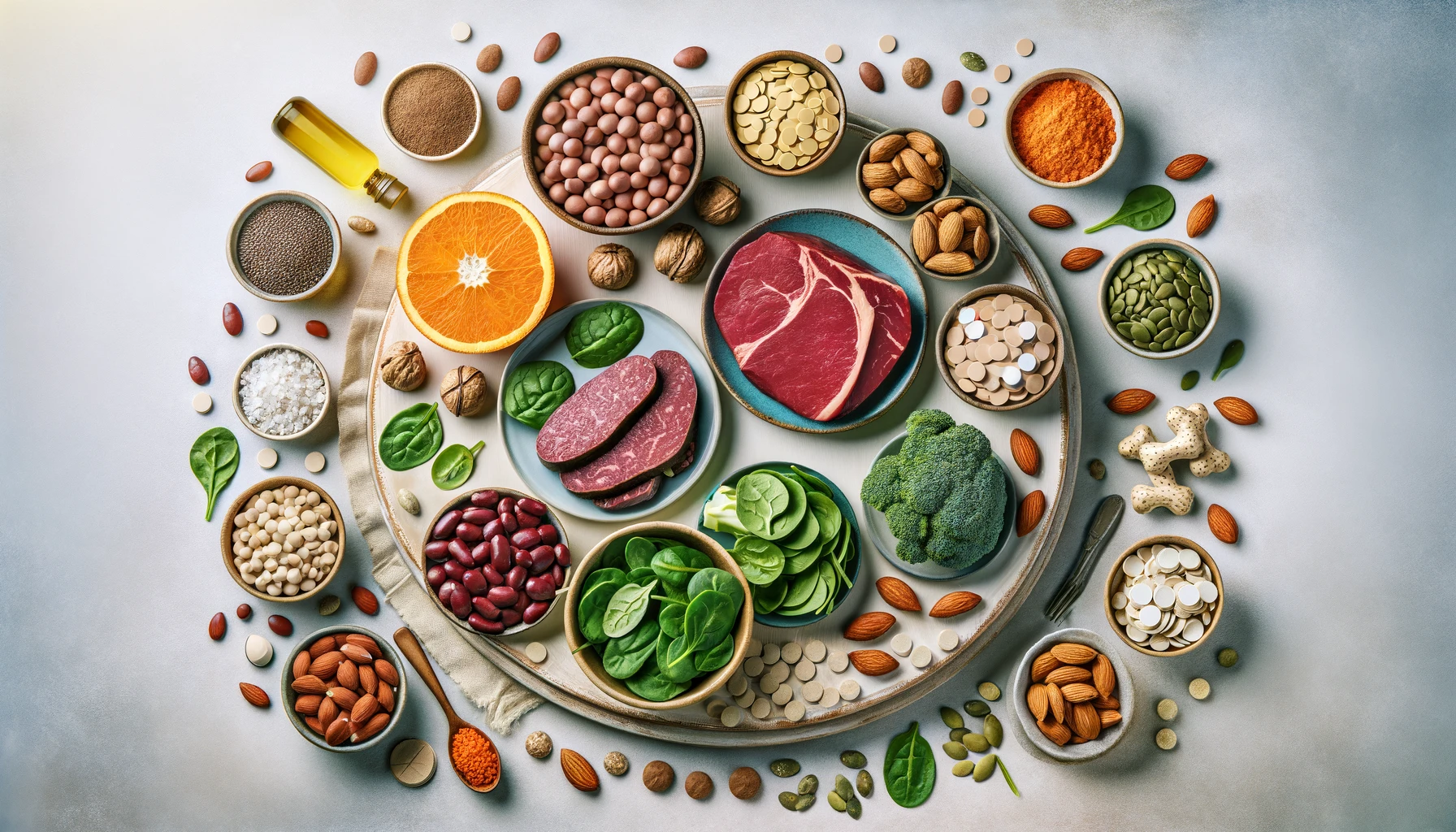 A horizontal image featuring sources of iron and zinc, including red meat, spinach, lentils, pumpkin seeds, chickpeas, and almonds. The image also includes mineral supplements or tablets.