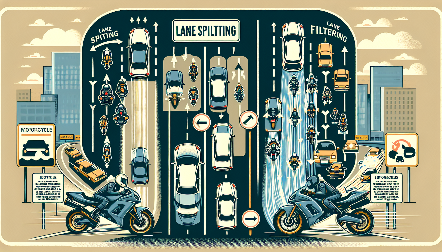 An illustration explaining lane splitting and lane filtering, showing their differences in a visual format.