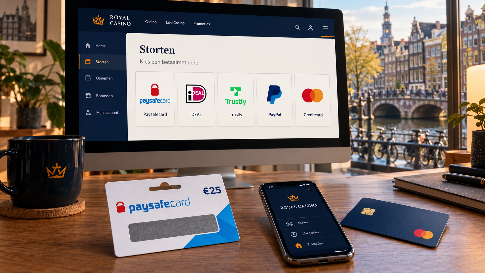 Paysafecard, iDEAL, Trustly, PayPal en creditcard als betaalopties op een casinoscherm.