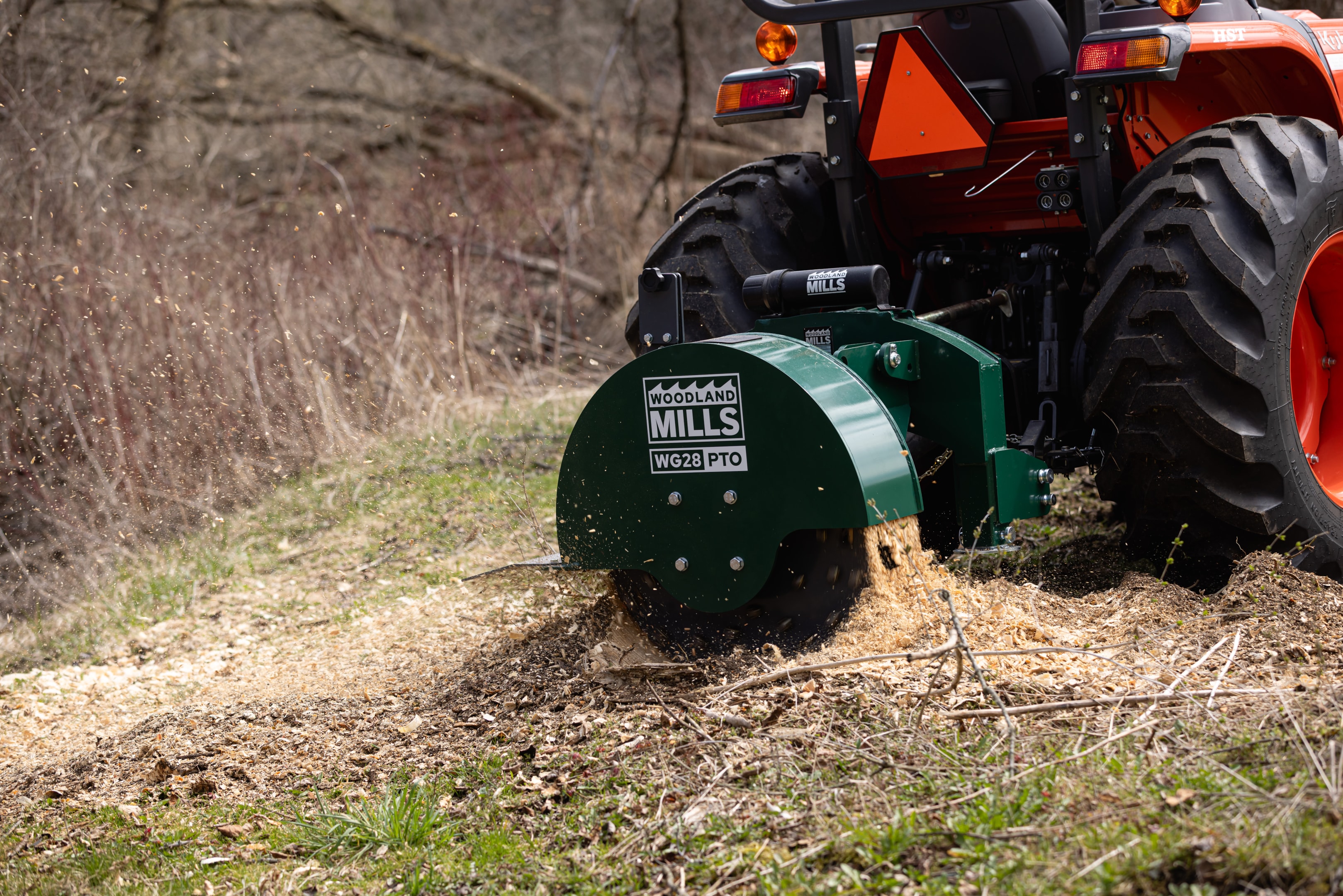 A Woodland Mills WG28 Stump Grinder which eliminates roots without needing a root rake. 