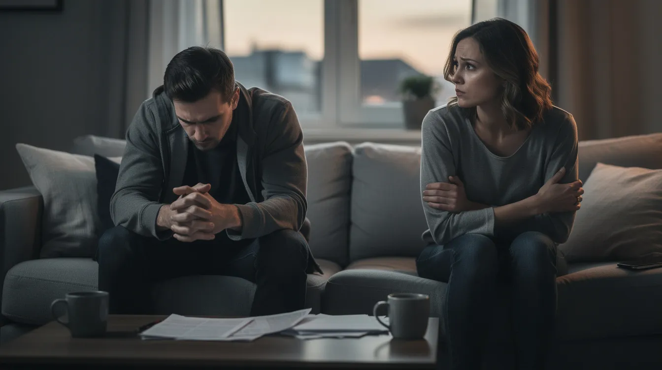 The image depicts a couple sitting apart on a couch, visibly stressed and displaying emotional distance, highlighting the strain that anxiety can place on romantic relationships. Their body language suggests tension and anxious thoughts, indicating that anxiety is negatively impacting their connection and leading to feelings of overwhelm.