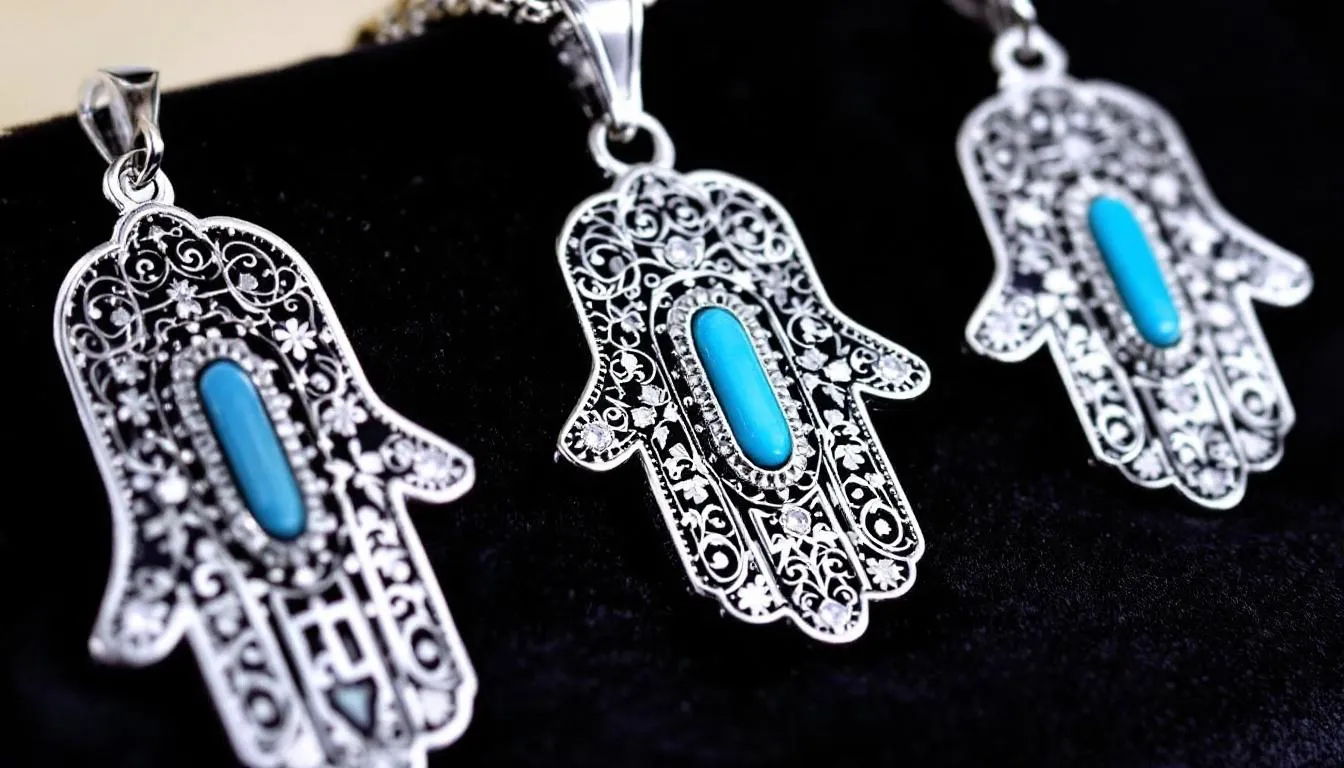 The image features a stunning Hamsa hand jewellery set, symbolizing protection and elegance, crafted from gold plated jewellery. This chic set includes a bracelet, ring, earrings, and a necklace, adorned with intricate details and sparkling accents, perfect for adding a touch of style to any outfit.