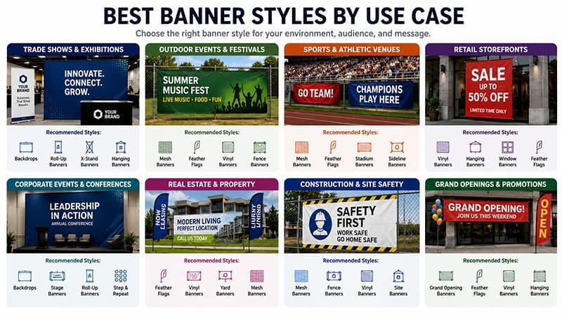 Best banner styles by use case for trade shows, outdoor events, sports venues, storefronts, conferences, real estate, construction, and grand openings.