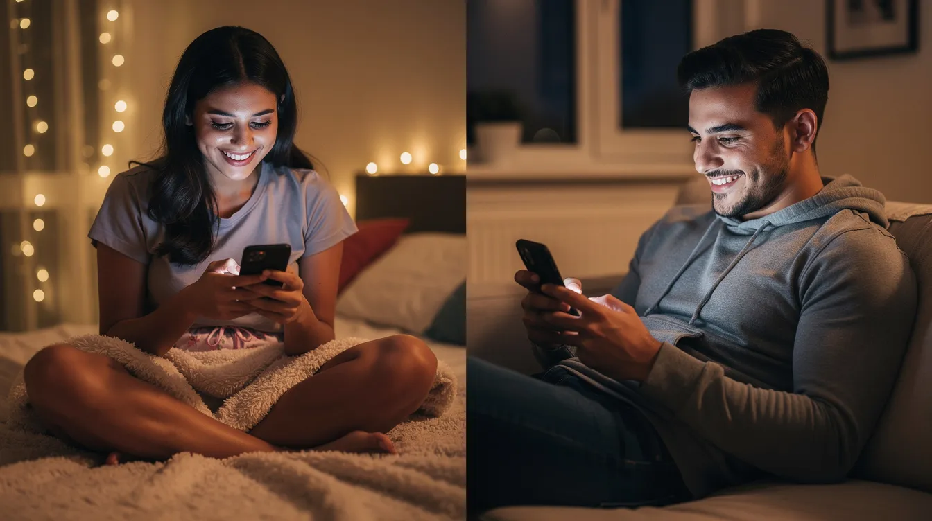 The image depicts a Hispanic couple engaged in the talking stage of their new relationship, sitting together and texting on their phones while smiling and enjoying each other's company. This moment captures the excitement and hope of early conversations as they grow closer and explore their feelings for one another.