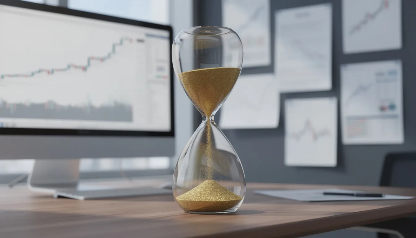 An hourglass with sand flowing is placed on a desk, symbolizing the passage of time, with financial charts in the background that may represent retirement accounts and required minimum distributions (RMD) rules. This image evokes themes of retirement planning and the importance of managing one's tax deferred retirement accounts effectively.