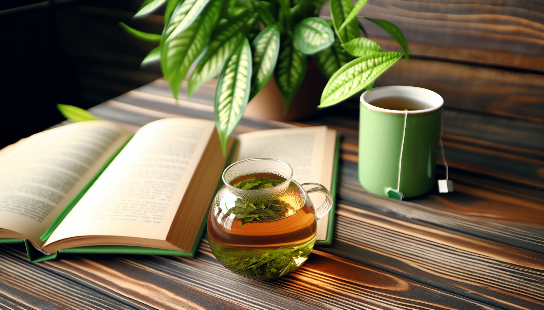 Taza de té verde con un libro y una planta, simbolizando relajación