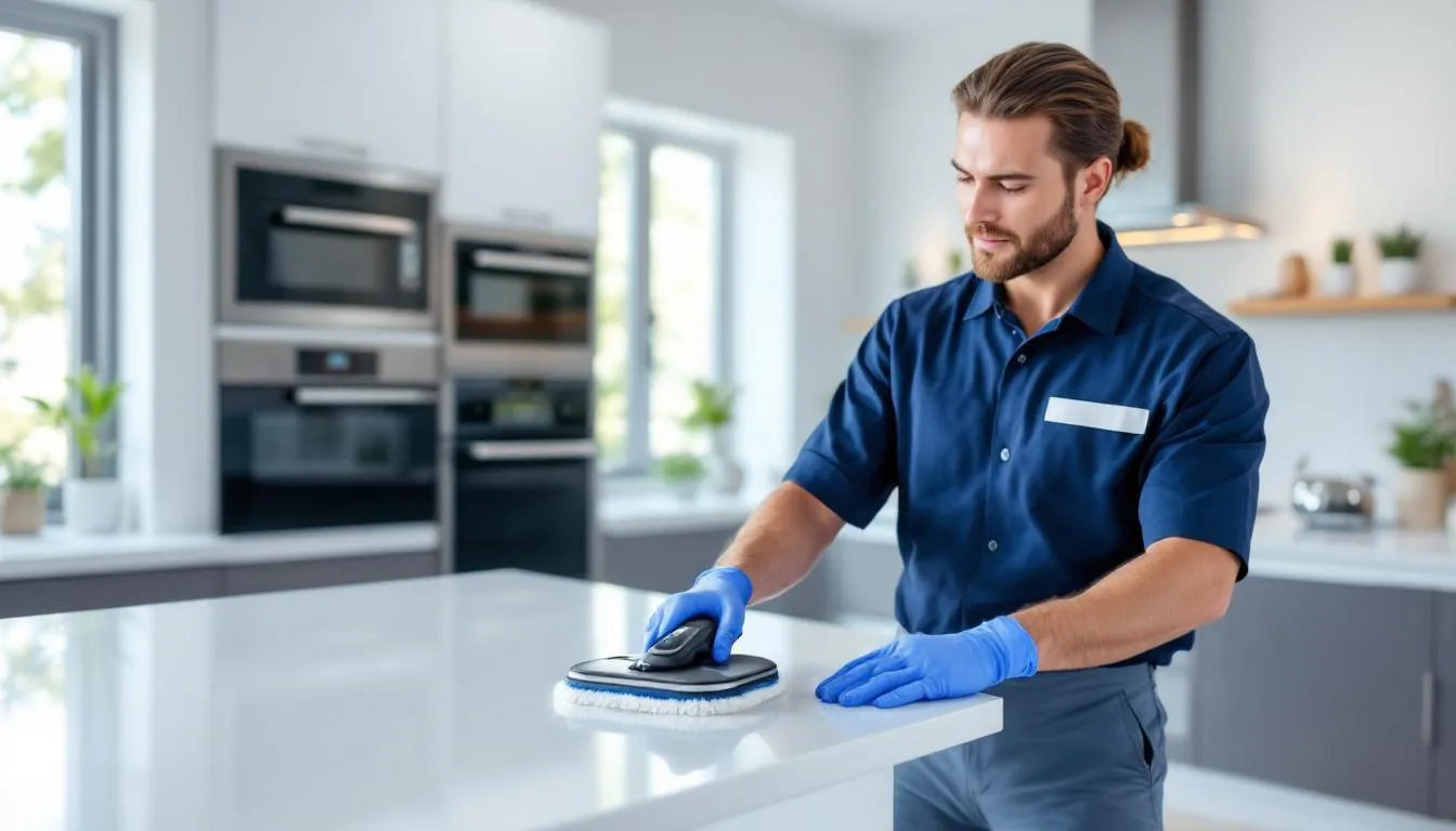 A professional cleaner performing deep cleaning services in a home environment.