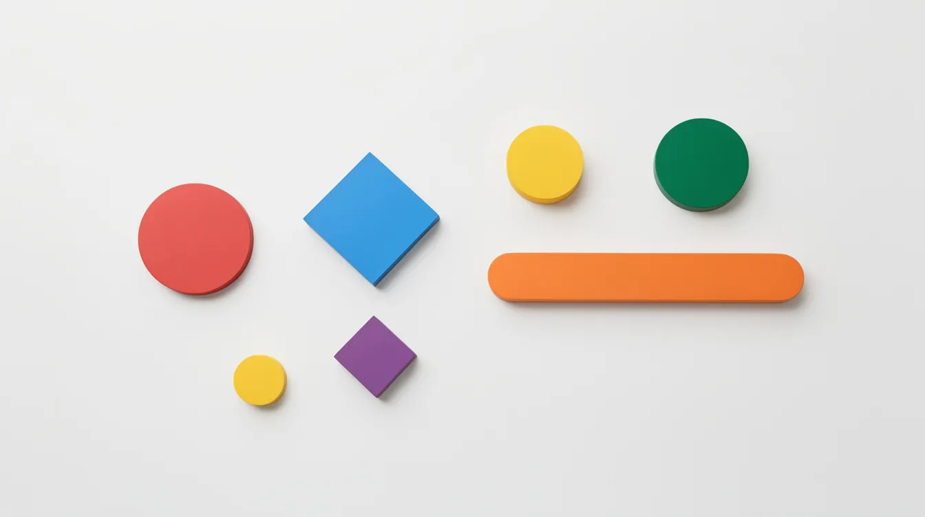 The image features a vibrant arrangement of geometric shapes, including circles, diamonds, and rounded rectangles, set against a clean white surface. This colorful display can symbolize various elements of business process modeling, representing flow objects and tasks in a graphical representation that aids in understanding complex processes.
