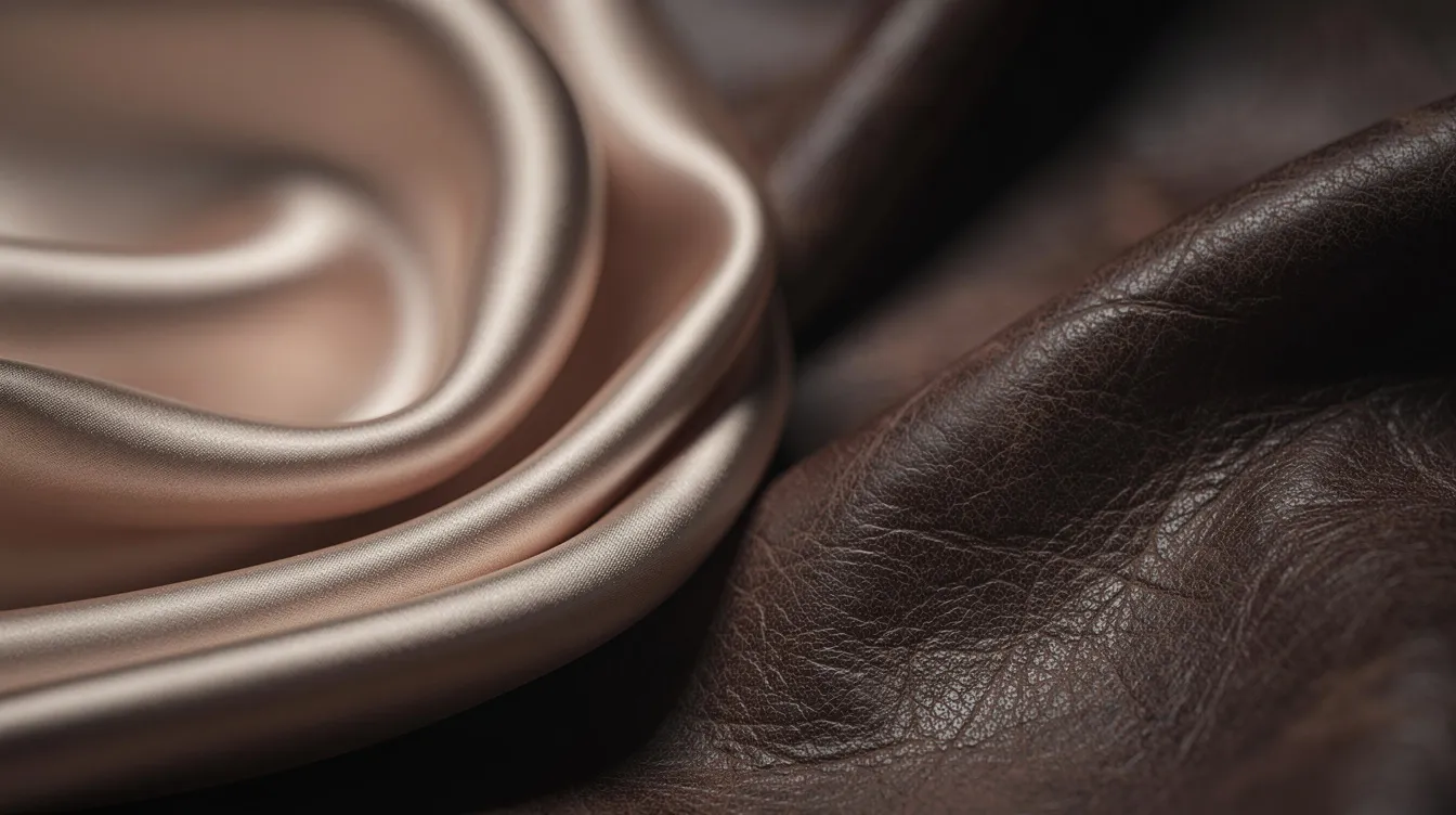 An abstract artistic representation showcasing contrasting textures of silk and leather, highlighting their unique qualities and vibrant colors. The image evokes a sense of cultural flair and personality, inviting viewers to appreciate the beauty of different materials.