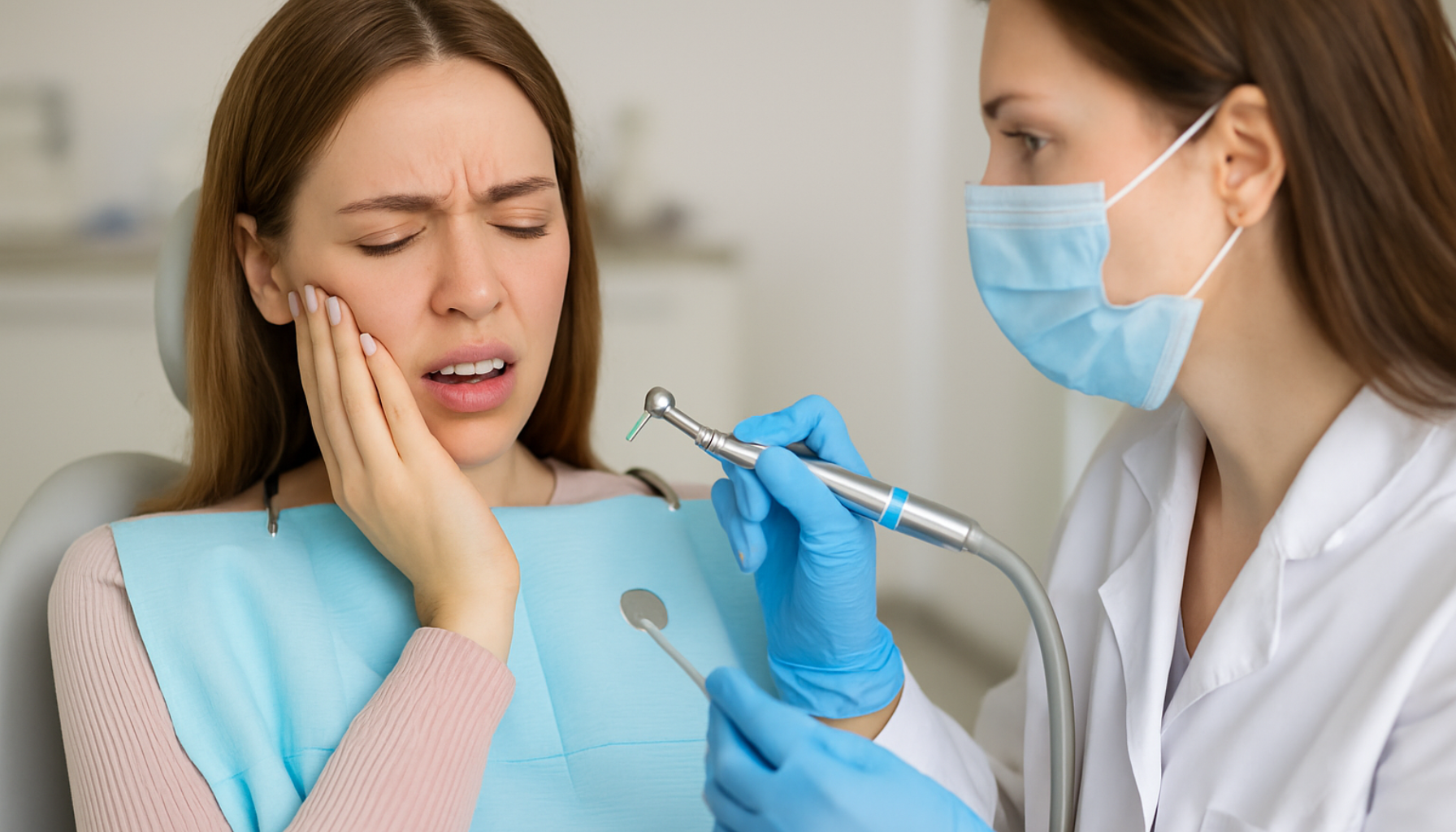 En ung kvinne sitter i tannlegestolen og holder seg til kinnet mens tannlegen undersøker med et bor og verneutstyr.