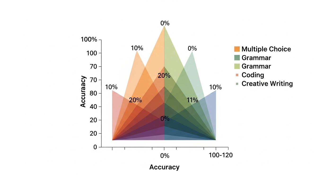 Infographic-style chart showing AI grading accuracy across task types: multiple choice, grammar, coding, and creative writing