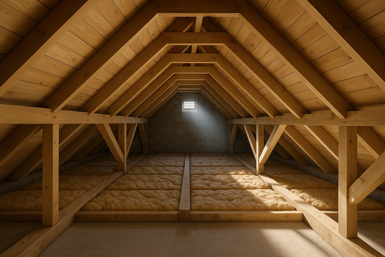A ventilated UK loft space with clean timbers and daylight entering through a vent.