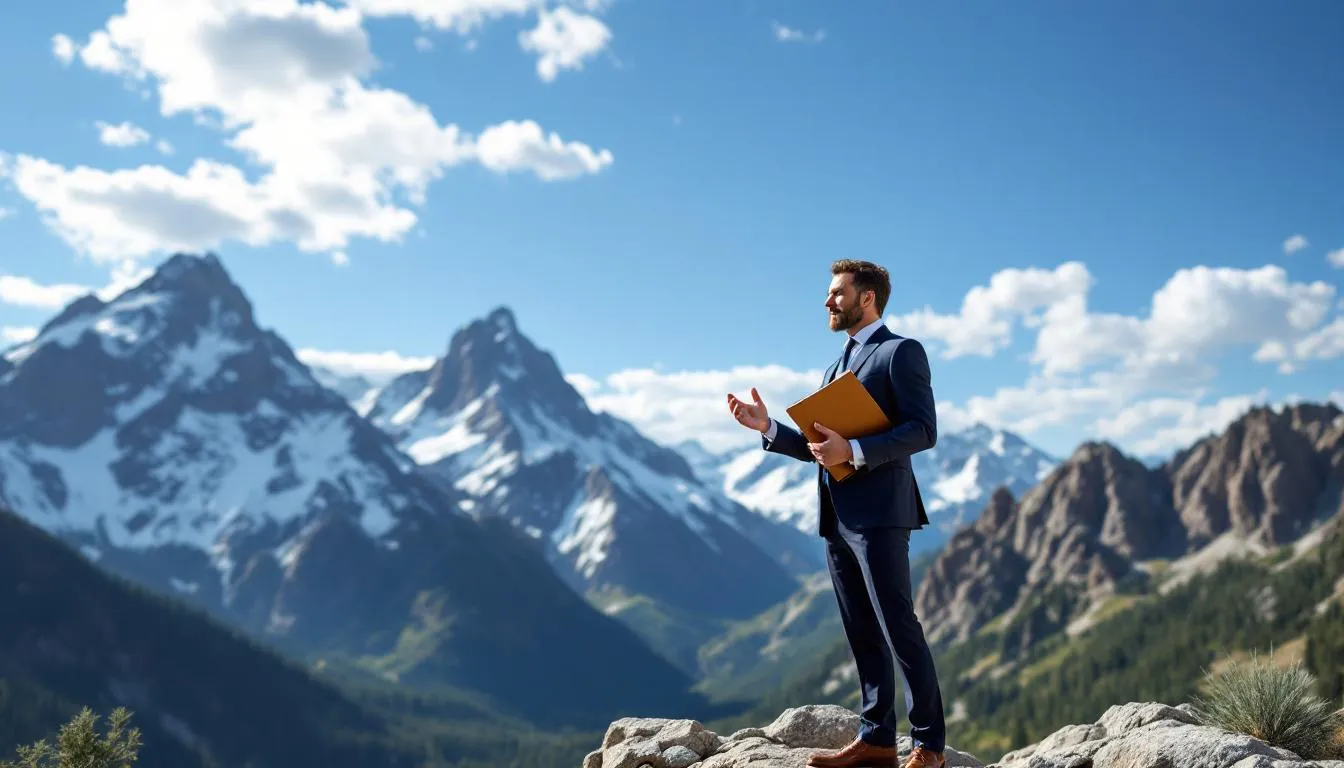 An attorney stands in front of the stunning Colorado mountains, discussing the complexities of car accident injuries and personal injury claims. The scene emphasizes the importance of understanding serious injuries, medical bills, and the legal process for accident victims seeking compensation.