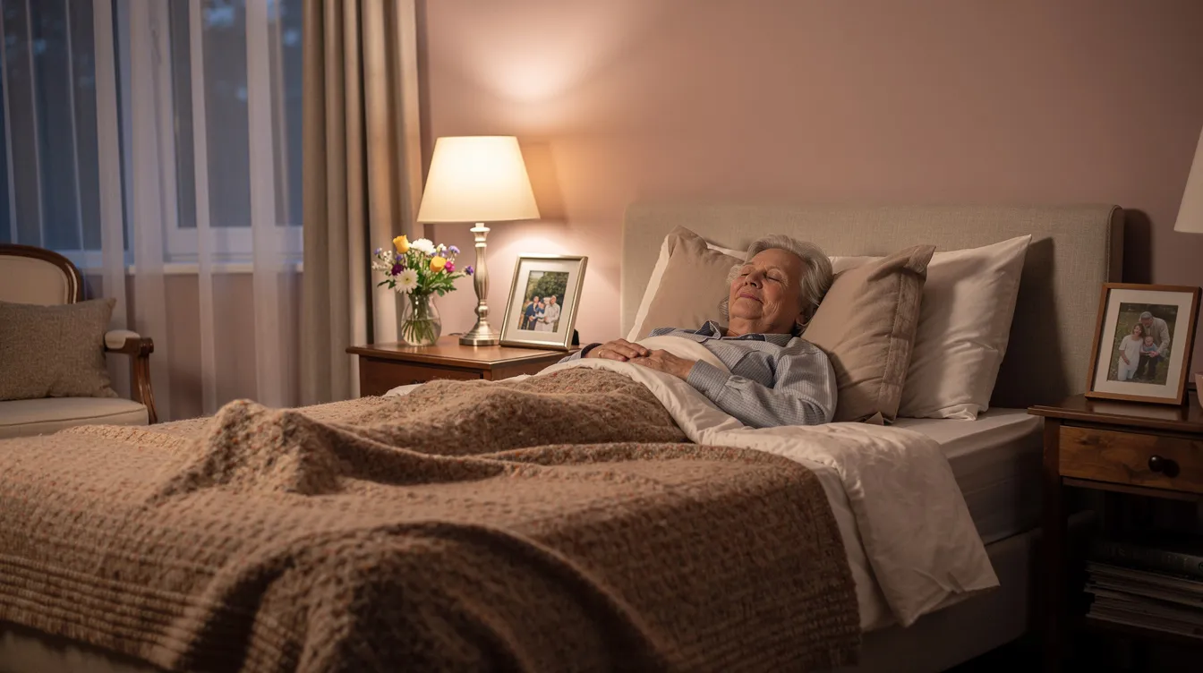 An elderly person is resting peacefully in a cozy bedroom, surrounded by soft bedding and warm lighting, embodying the essence of healthy sleep habits. This serene setting emphasizes the importance of deep sleep for overall health, particularly in older adults, as it helps clear waste from the brain and supports cognitive function.