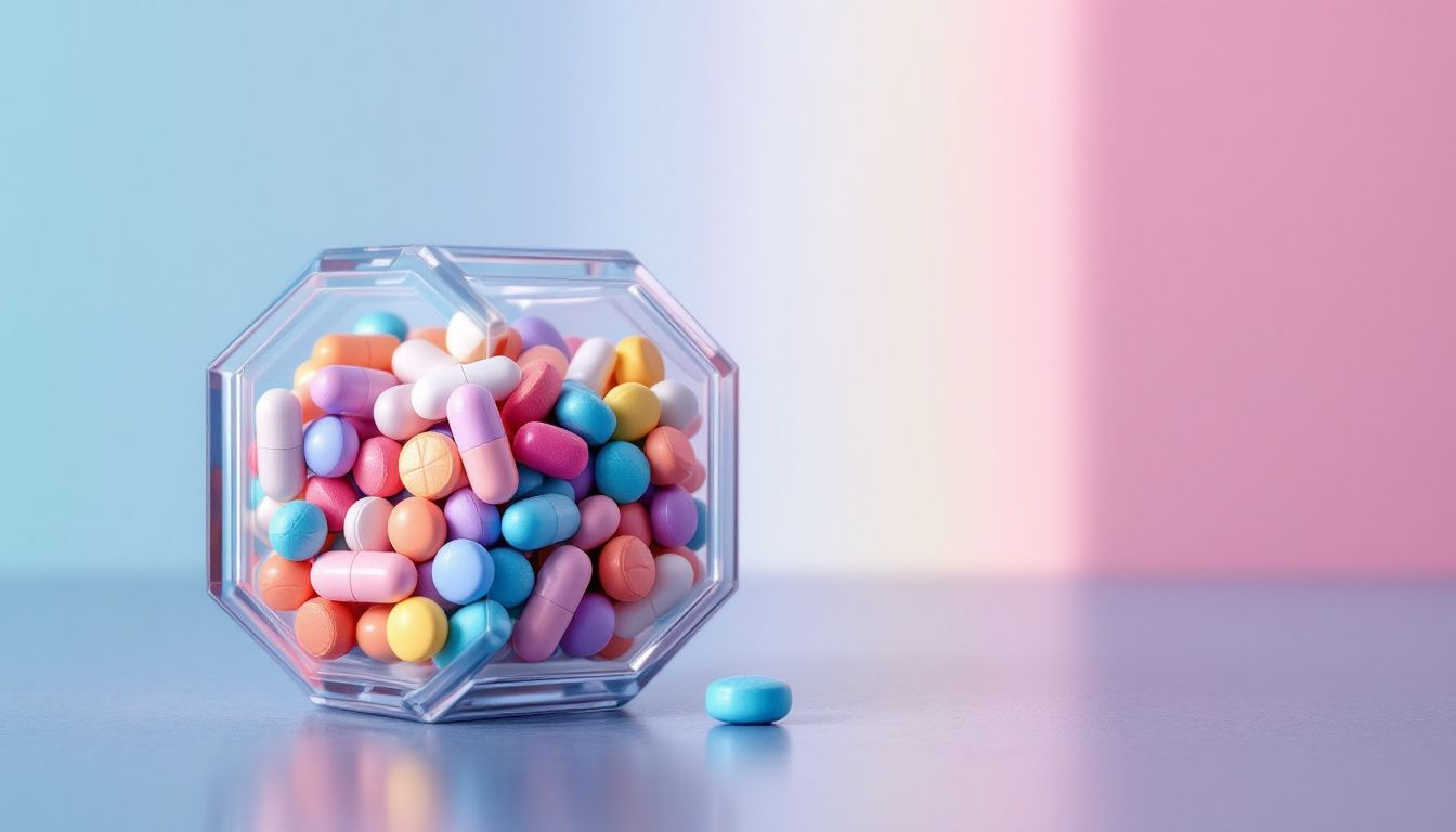 An assortment of farmapram pills displayed on a surface.