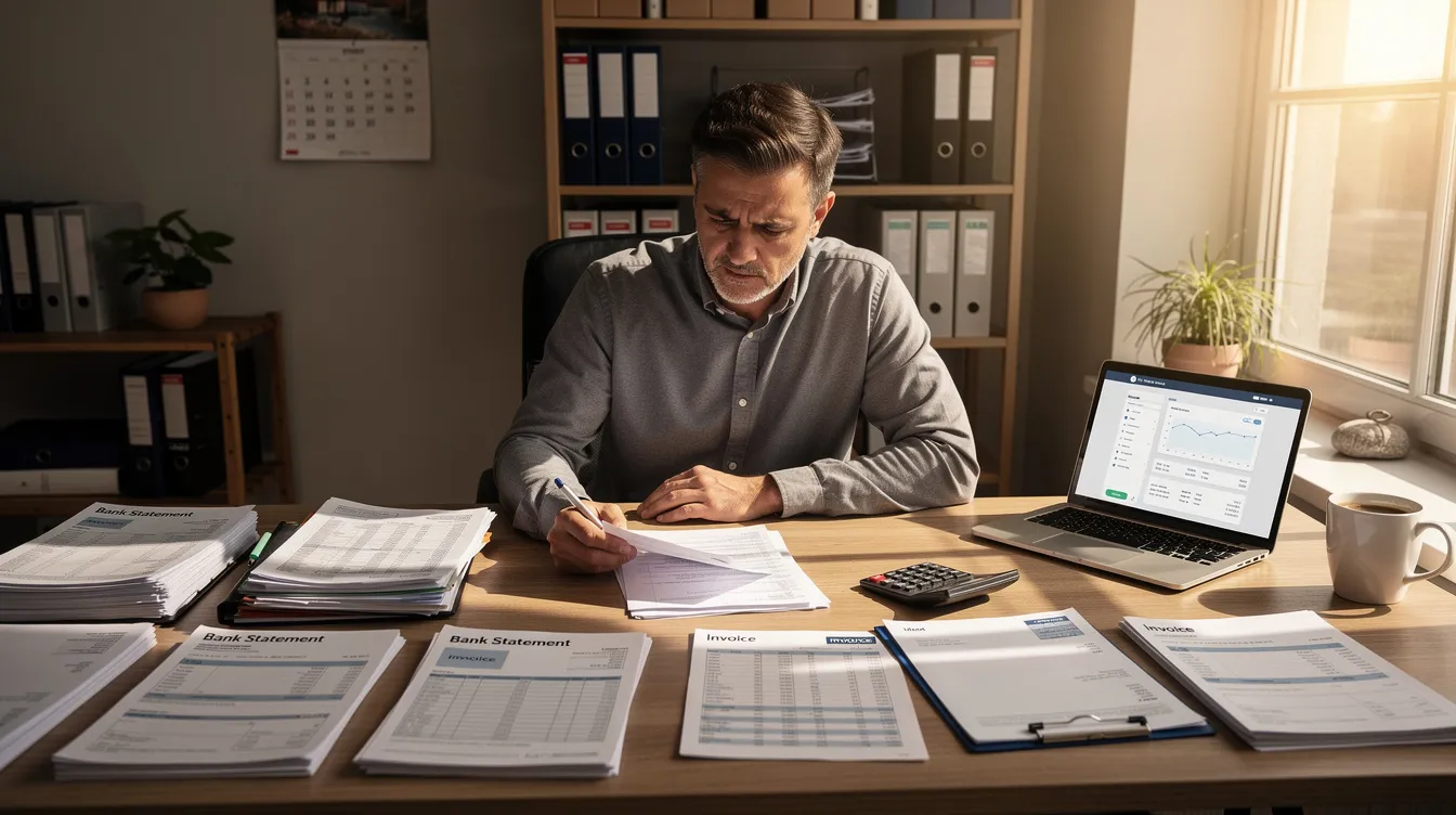 A small business owner is seated at a desk, meticulously reviewing financial documents and bank statements, likely assessing their repayment capacity for a mudra loan application. The atmosphere suggests a focus on ensuring a clear business plan and satisfactory credit track record to secure financial assistance from a bank or financial institution.