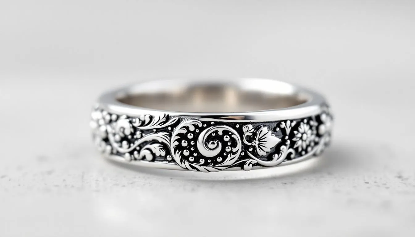 A close-up of a beautiful sterling silver band ring, showcasing its smooth surface and elegant design.