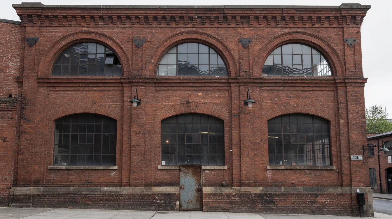 The image showcases a striking red brick industrial building facade featuring large arched windows, exuding heritage character. This architectural gem is part of the candy factory lofts listings in Toronto, highlighting the unique blend of modern living and historical charm in the Queen West neighbourhood.