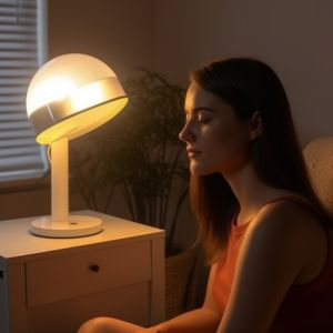 Woman doing light therapy for seasonal affective disorder.