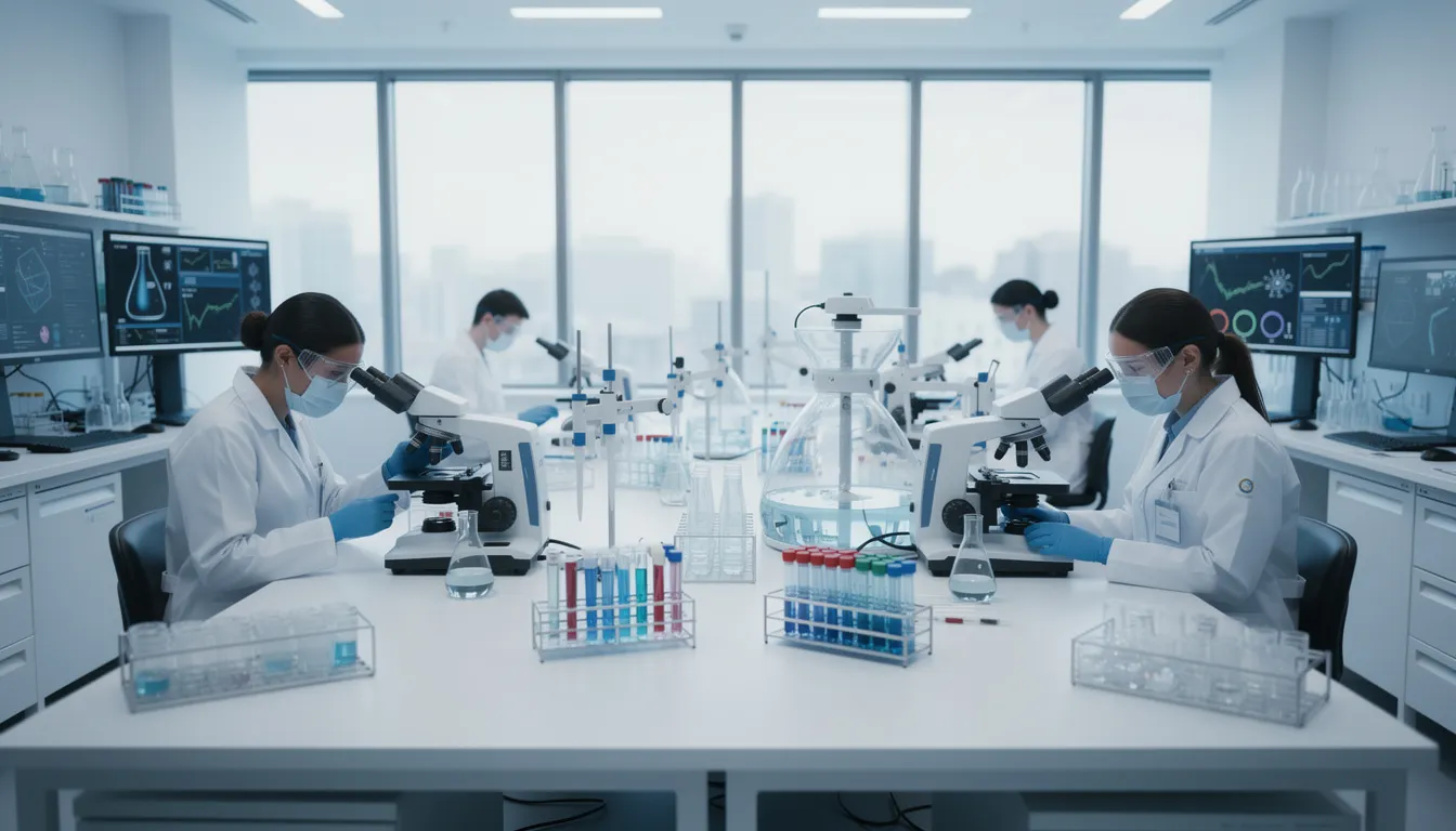 L'image montre un laboratoire de recherche médicale moderne, rempli d'équipements scientifiques avancés. Ce cadre est essentiel pour étudier des maladies telles que le syndrome des ovaires polykystiques (SOPK) et ses implications sur la santé des femmes, notamment en ce qui concerne les symptômes, le diagnostic et la prise en charge.