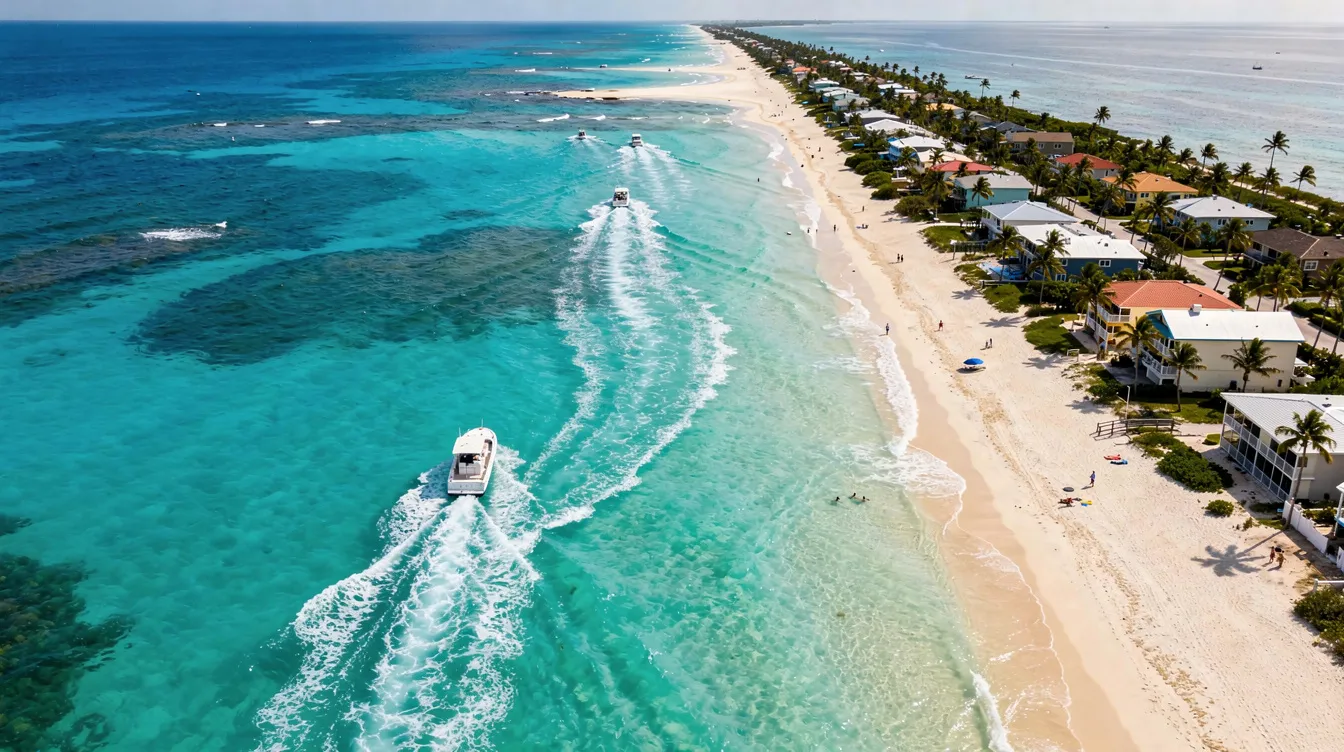 An aerial view captures boats cruising along the sunny Florida coastline, showcasing vibrant blue waters and a perfect day for water sports. This scene highlights the joy of boating adventures, whether through yacht charters or fishing boats, inviting onlookers to consider the best rental options for their next trip.