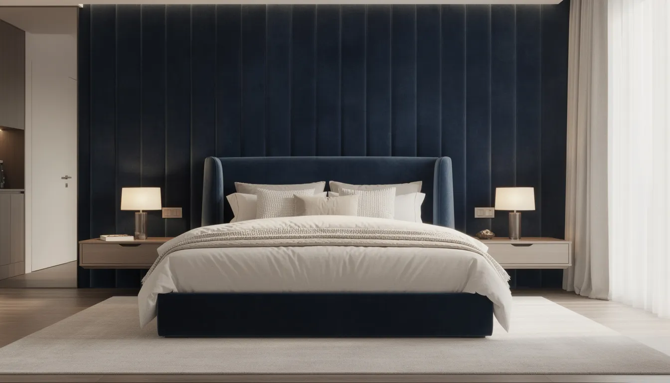 Een luxe slaapkamer met een groot bed, omringd door zachte, gestoffeerde wandpanelen in donkerblauw velours. De stijlvolle design panelen zorgen voor een akoestische verbetering en geven de kamer een elegante uitstraling.