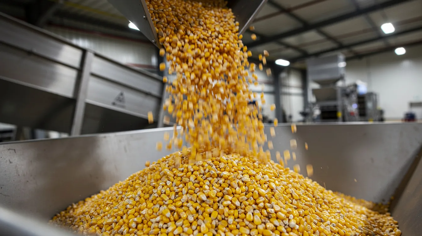 075b0f4e b882 4575 851d b84d8c7d8b80 The image depicts dried yellow corn kernels being poured into an industrial hopper at a maize processing plant, illustrating a key step in the starch manufacturing process. This action is essential for the production of corn starch, a vital raw material in the food industry and other sectors.