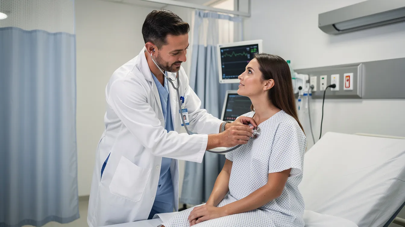 A medical professional is examining a patient in a hospital setting, surrounded by medical equipment and charts. This scene highlights the importance of immediate medical attention for motorcycle accident victims who may suffer from serious injuries such as traumatic brain injuries or spinal cord damage.
