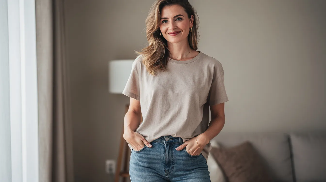 A confident woman dressed casually appears relaxed and natural, showcasing her upper body in a comfortable position. This image reflects a smooth recovery journey, highlighting the importance of proper healing and managing swelling after breast augmentation surgery.