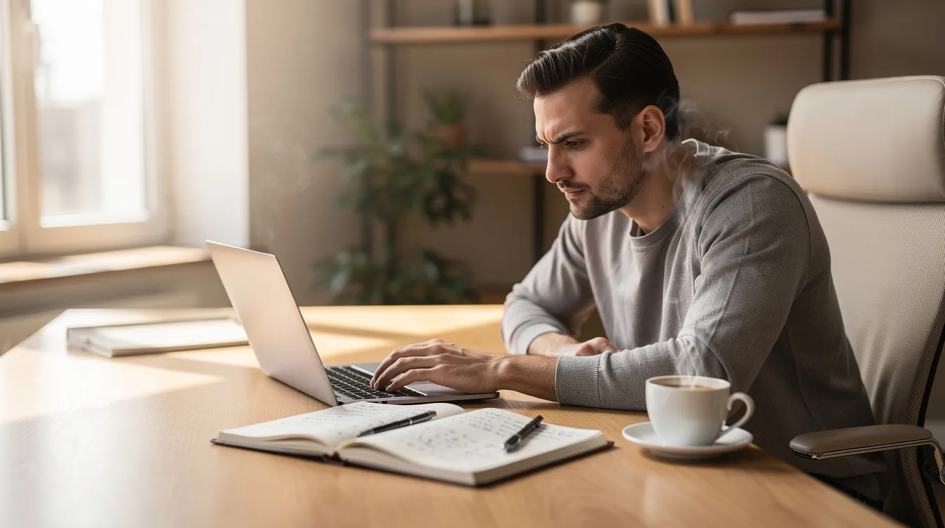 Een ondernemer kijkt geconcentreerd naar zijn laptop, omringd door notities en een koffiekopje, wat de focus en toewijding aan zijn werk benadrukt. De setting straalt een professionele sfeer uit, perfect voor het uitvoeren van belangrijke taken.