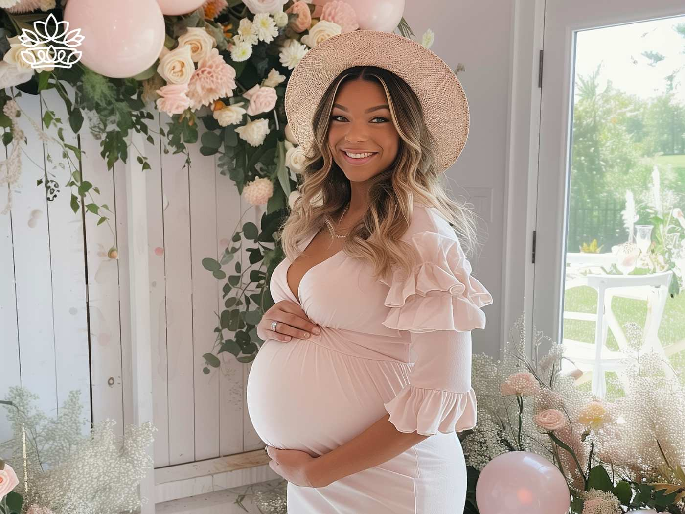 Radiant expectant mother in a chic pink dress and straw hat, cradling her bump, with a backdrop of delicate roses and gypsophila, capturing the charm of Fabulous Flowers and Gifts.