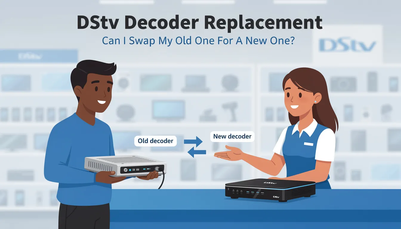 The image depicts a customer inquiring about the process of replacing their old DStv decoder with a new one, highlighting options such as the DStv Explora Ultra and the DStv HD decoder. It emphasizes the importance of understanding the differences between decoders, installation requirements, and available channels for a seamless viewing experience.