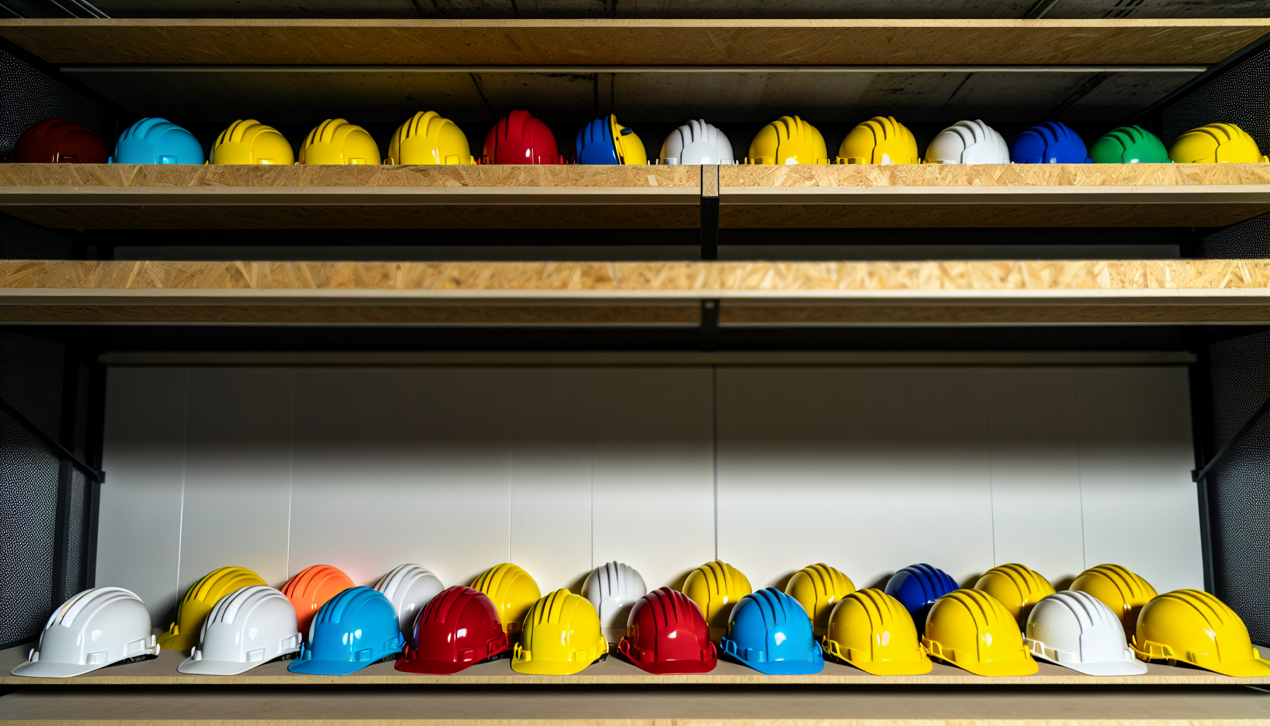 Various hard hat colors displayed on a shelf