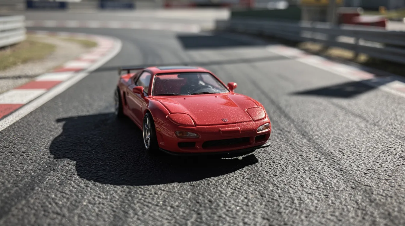 Ein rotes Spielzeugauto fährt auf einer detaillierten Modell-Rennstrecke, aufgenommen aus der Froschperspektive, wobei dramatisches Licht die Szene lebendig macht. Diese Darstellung verbindet Markenkommunikation und Unterhaltung in einem spannenden Erlebnis.