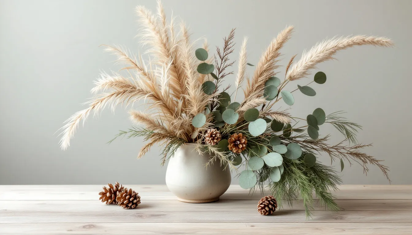 An arrangement of greenery and natural elements that enhance modern rustic decor.