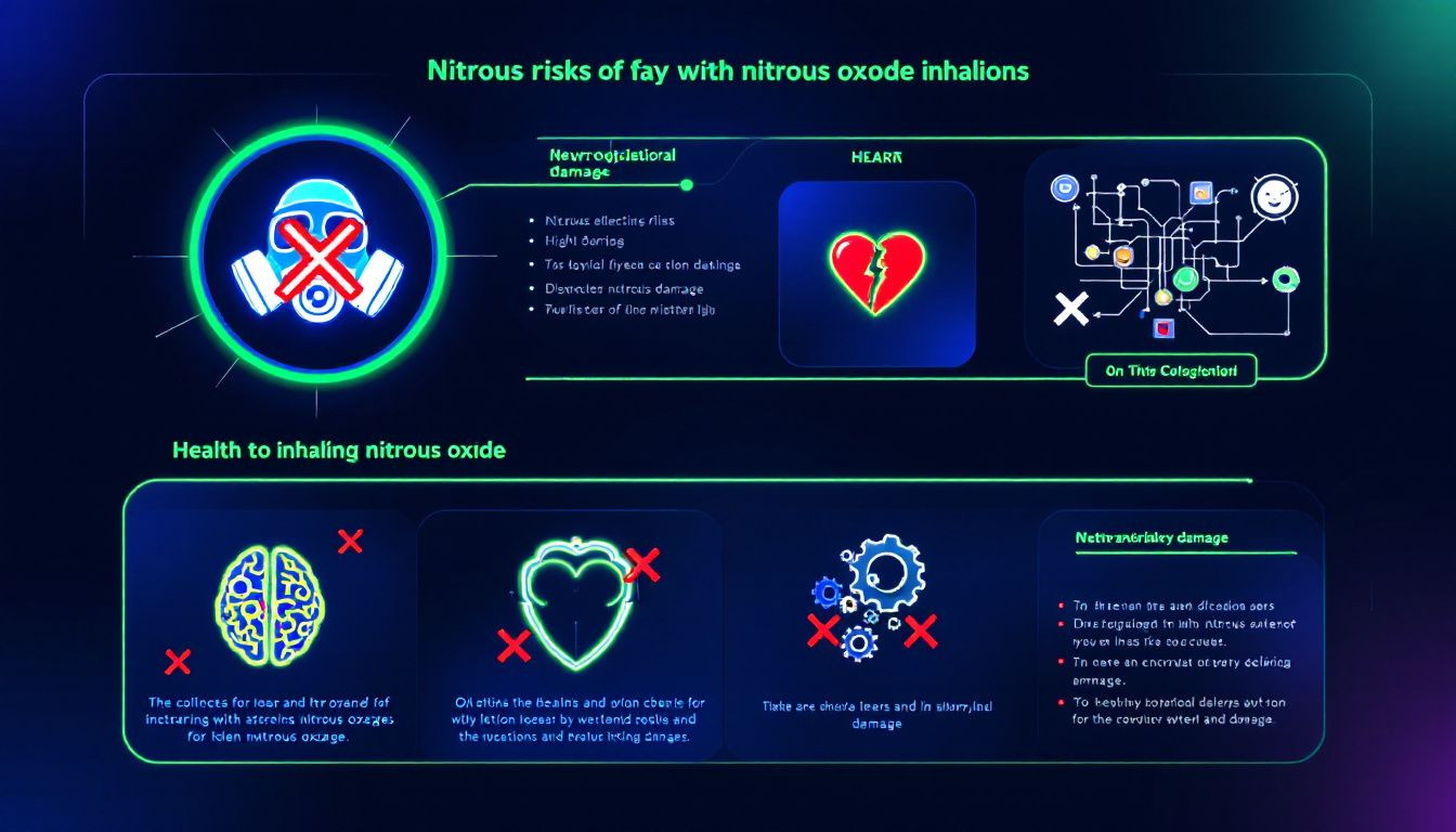 An infographic illustrating the health risks associated with inhaling nitrous oxide gas, including serious health consequences.