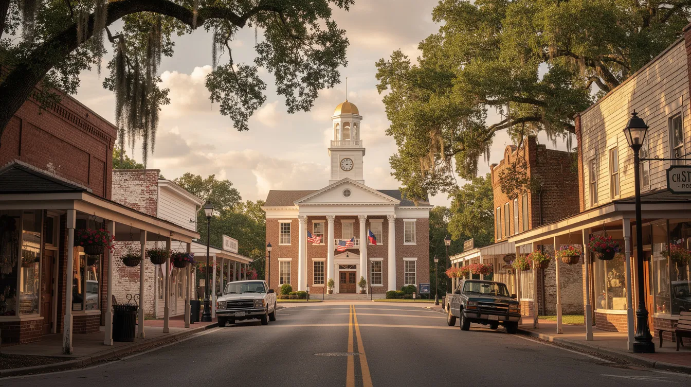 The image depicts a charming small-town street in Louisiana, featuring a historic courthouse building in the background, surrounded by quaint shops and trees. This scene evokes a sense of community and tranquility, ideal for those seeking information about social security disability benefits or legal representation from a social security disability attorney.