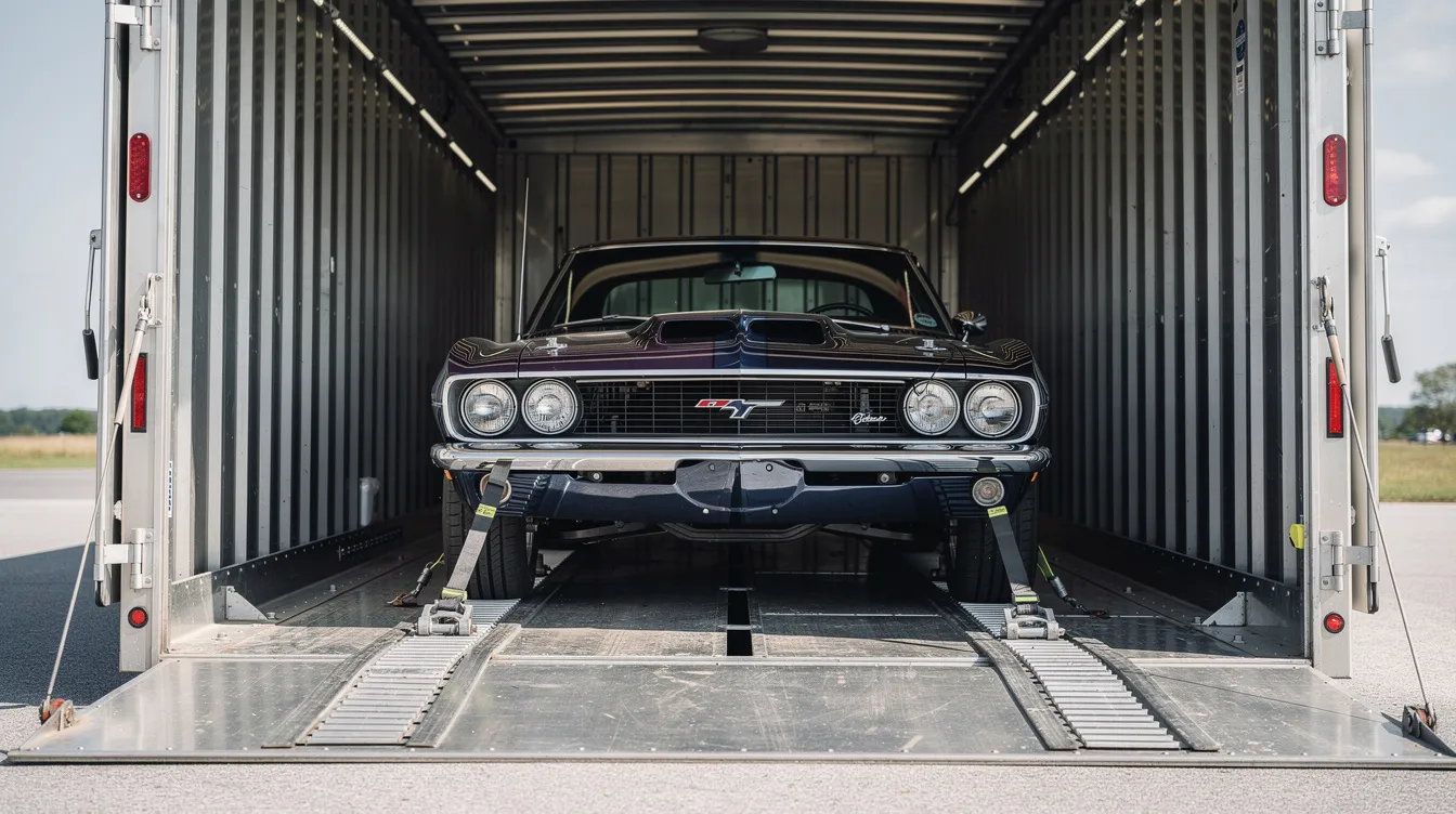 The image depicts a classic muscle car securely positioned inside an enclosed auto transport trailer, showcasing the vehicle's sleek design and vibrant colors. This setup highlights the reliable car shipping services offered by auto transport companies, ensuring maximum protection during vehicle transportation.
