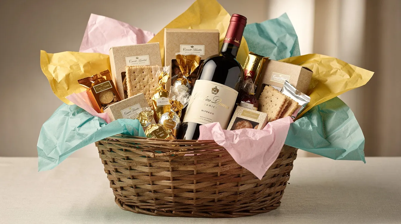 A beautifully arranged woven basket filled with colorful tissue paper, a bottle of white wine, artisan crackers, and an assortment of sweet treats, perfect for a mother's day gift. This delightful gift basket is designed to pamper mom and make her special day unforgettable.