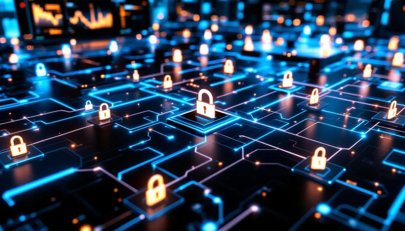 The image depicts a network of AI agents illustrating secure communication pathways and strict access controls, highlighting the principles of zero trust security. It emphasizes the importance of continuous monitoring and protecting sensitive data from emerging cyber threats while ensuring only authorized users can access critical information.